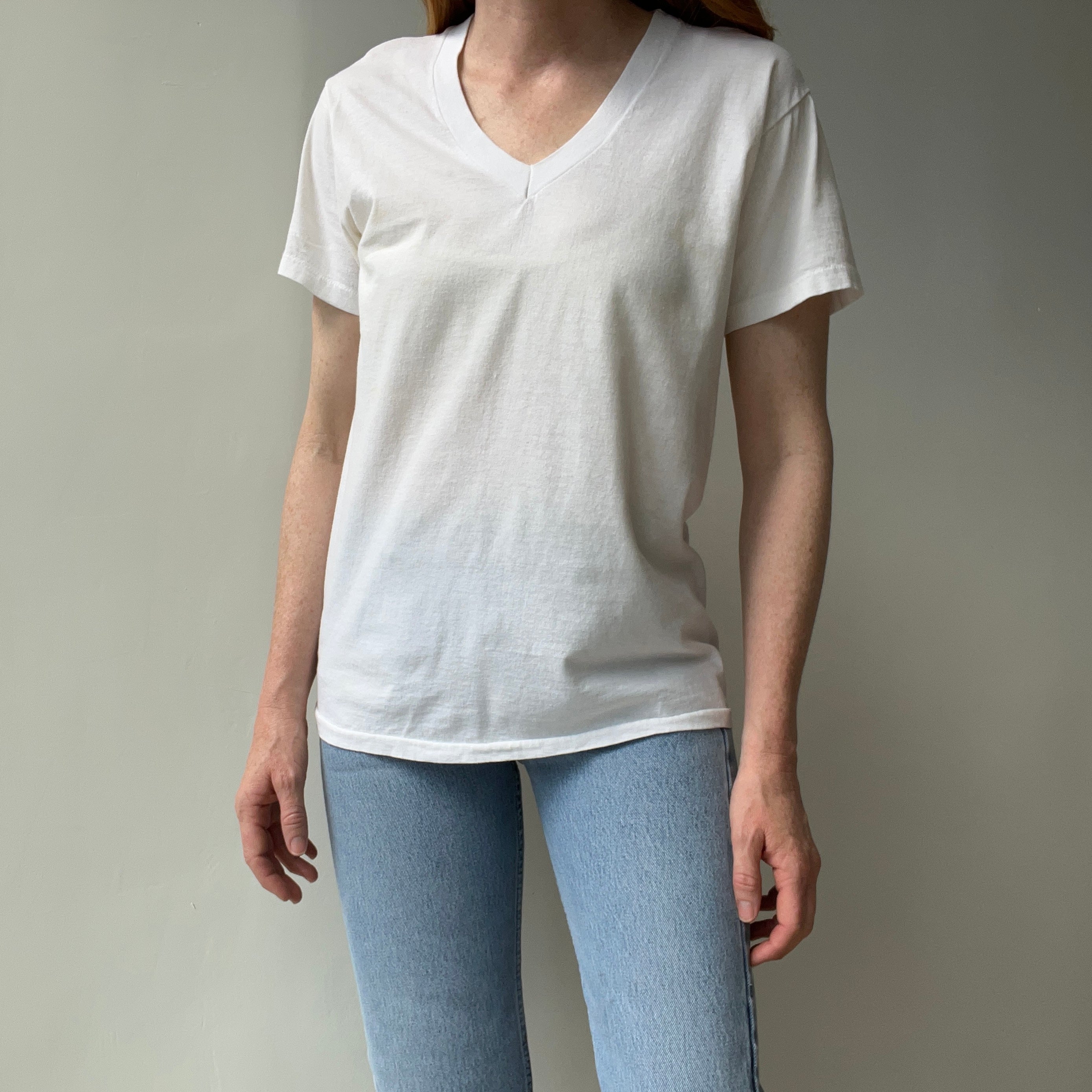 1980s Age Stained Cotton Hanes V-Neck T-Shirt