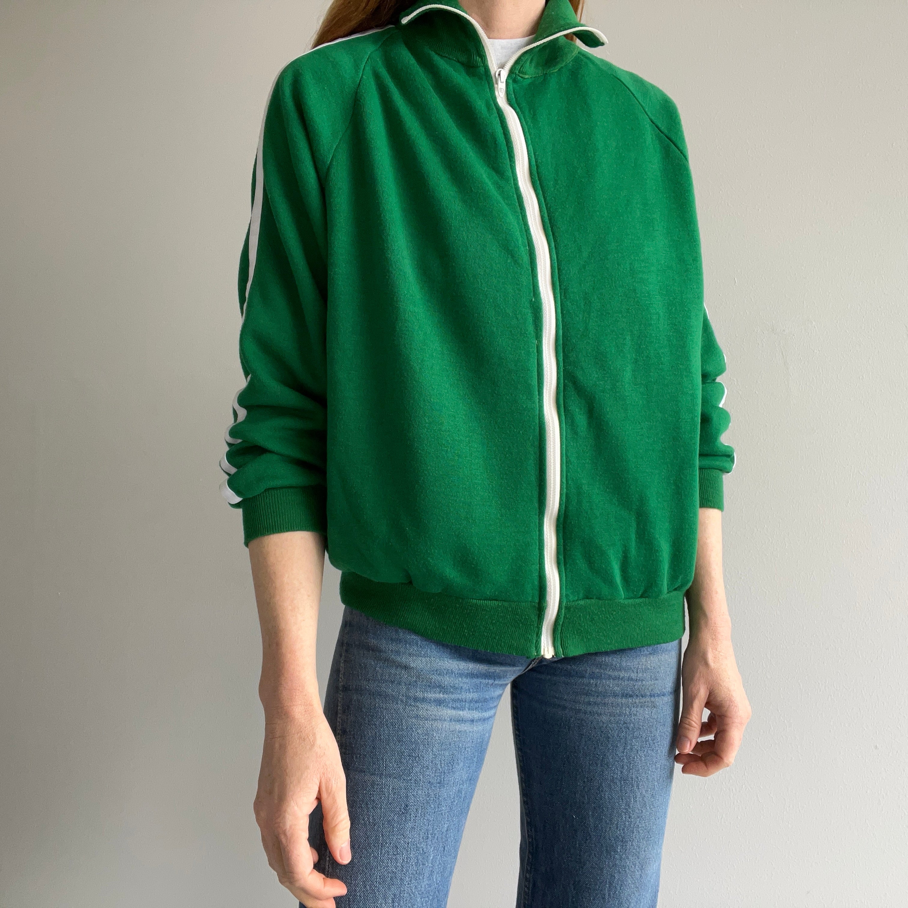 1970s Warm Up Brand Single Stripe Kelly Green Mock Neck Zip Up