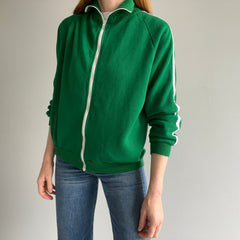 1970s Warm Up Brand Single Stripe Kelly Green Mock Neck Zip Up