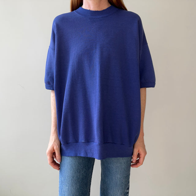 1980s Blank Faded Blue Short Sleeve Sweatshirt