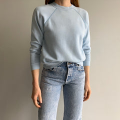 1980s Perfectly Stained and Worn Sky Blue Smaller Raglan Sweatshirt
