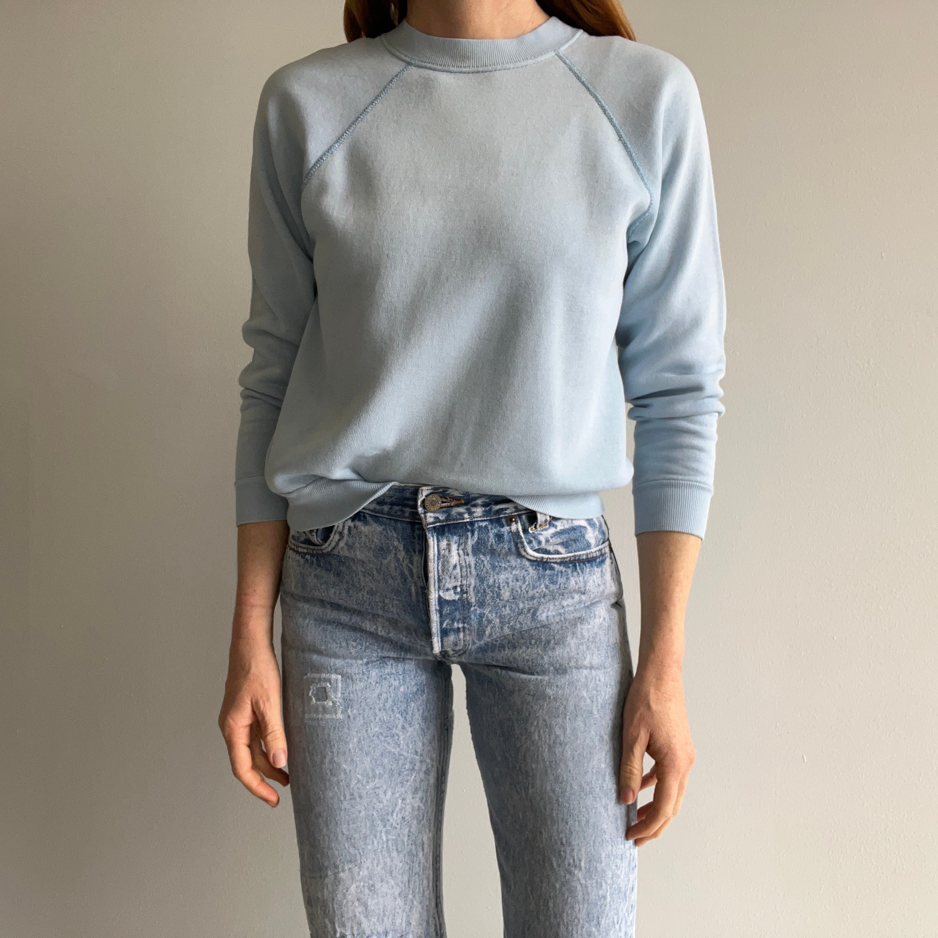 1980s Perfectly Stained and Worn Sky Blue Smaller Raglan Sweatshirt