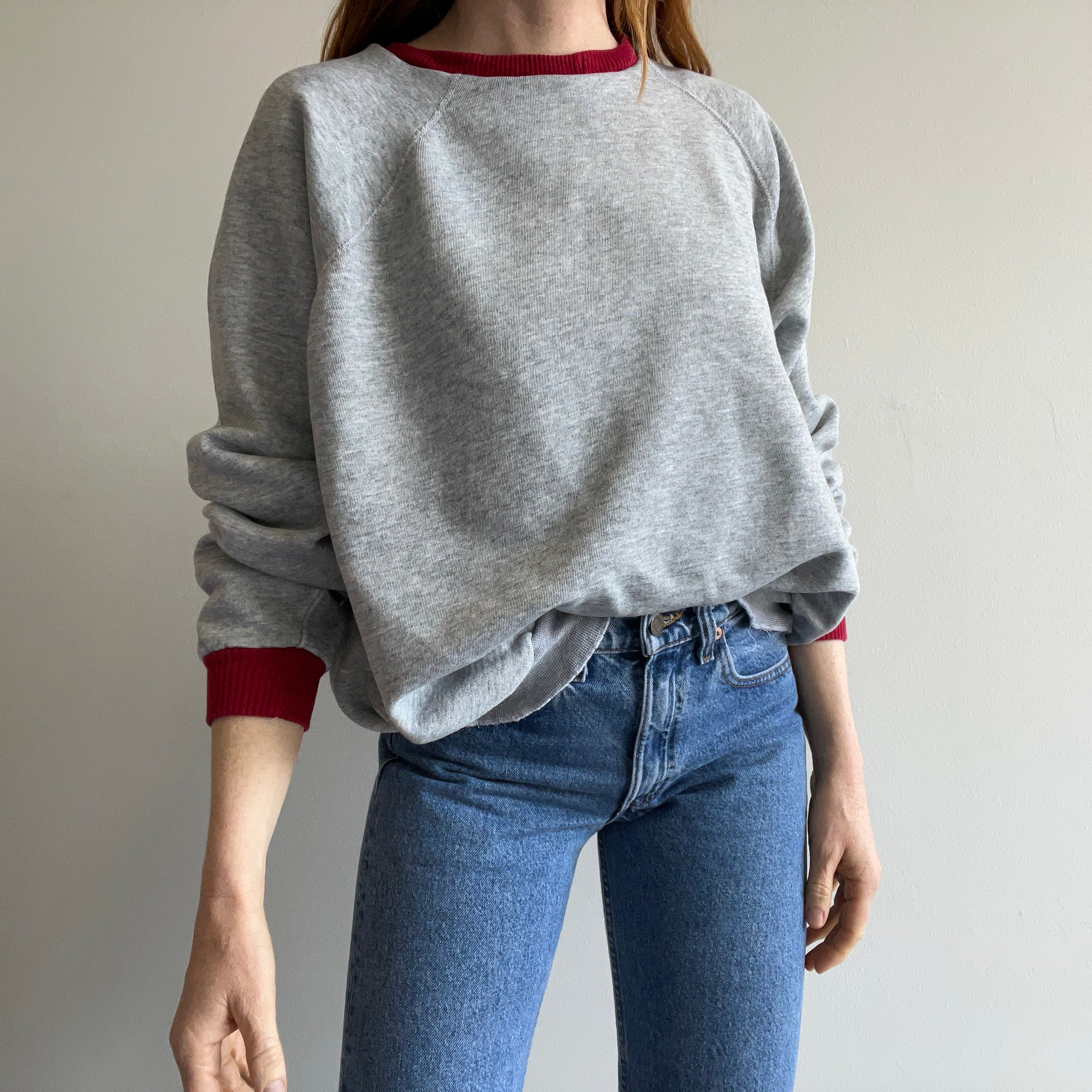 1990s DELIGHTFUL DIY Two Tone Gray and Red Sweatshirt