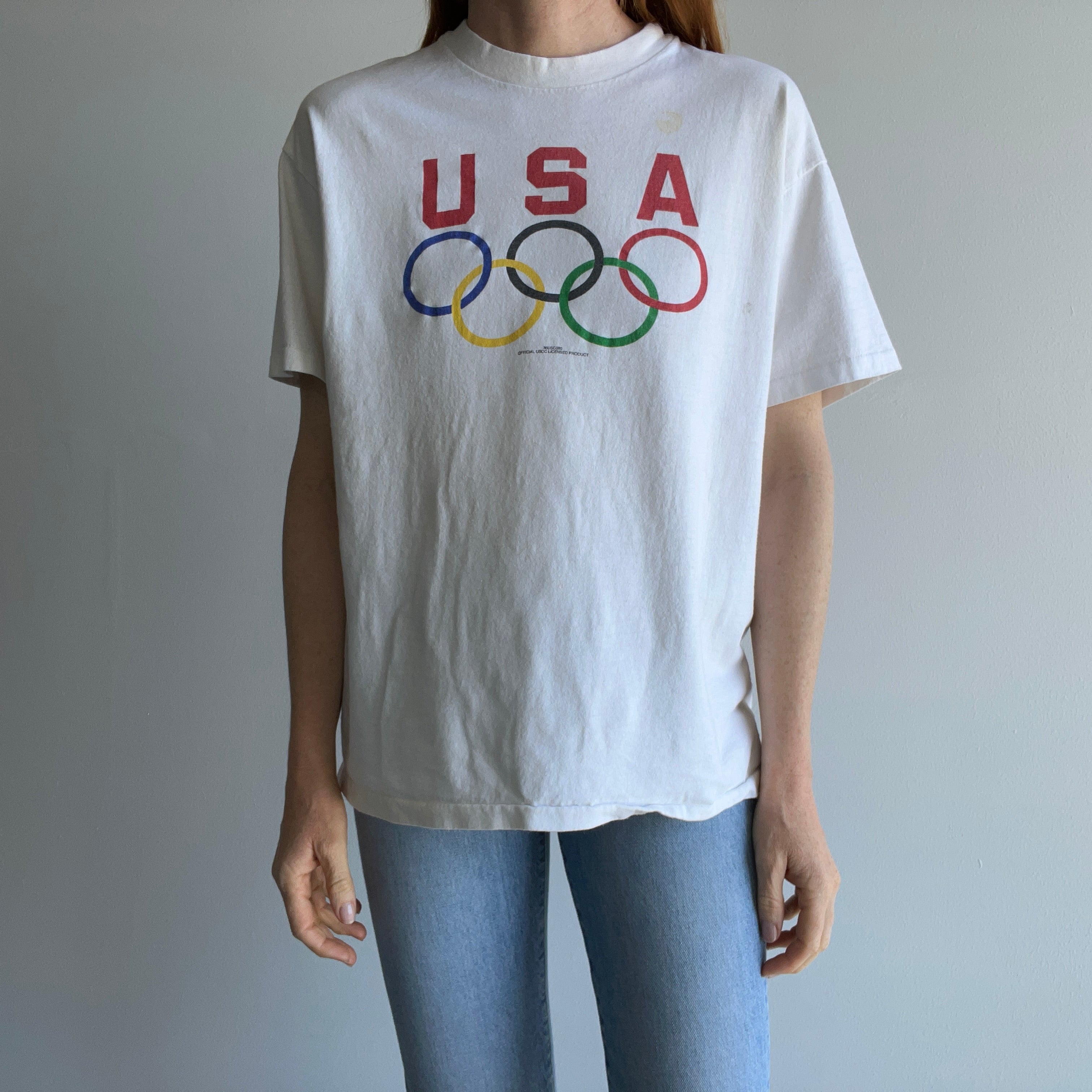 1990s USA Made White to Ecru From Age Olympic Cotton T-Shirt