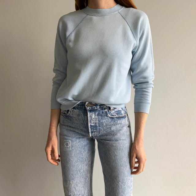 1980s Perfectly Stained and Worn Sky Blue Smaller Raglan Sweatshirt