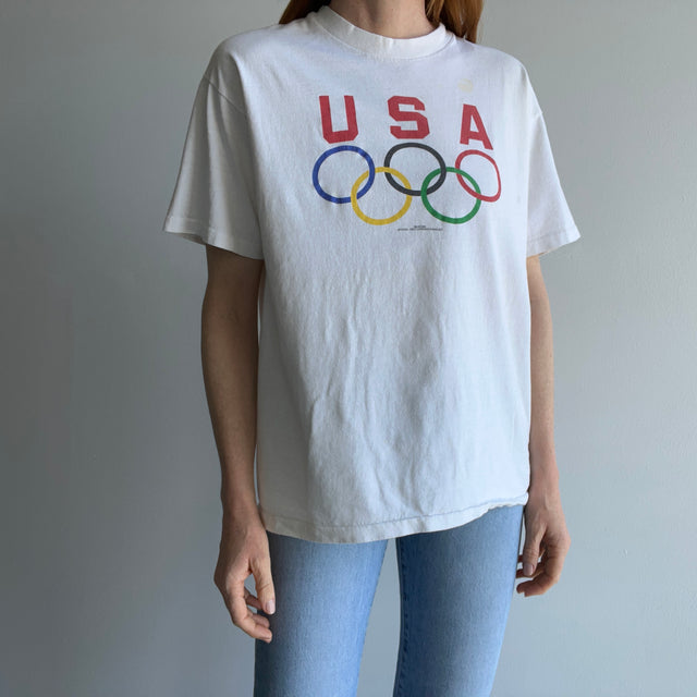 1990s USA Made White to Ecru From Age Olympic Cotton T-Shirt