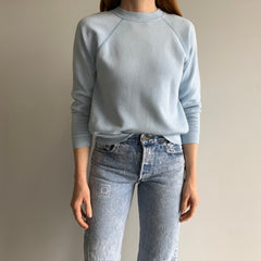 1980s Perfectly Stained and Worn Sky Blue Smaller Raglan Sweatshirt