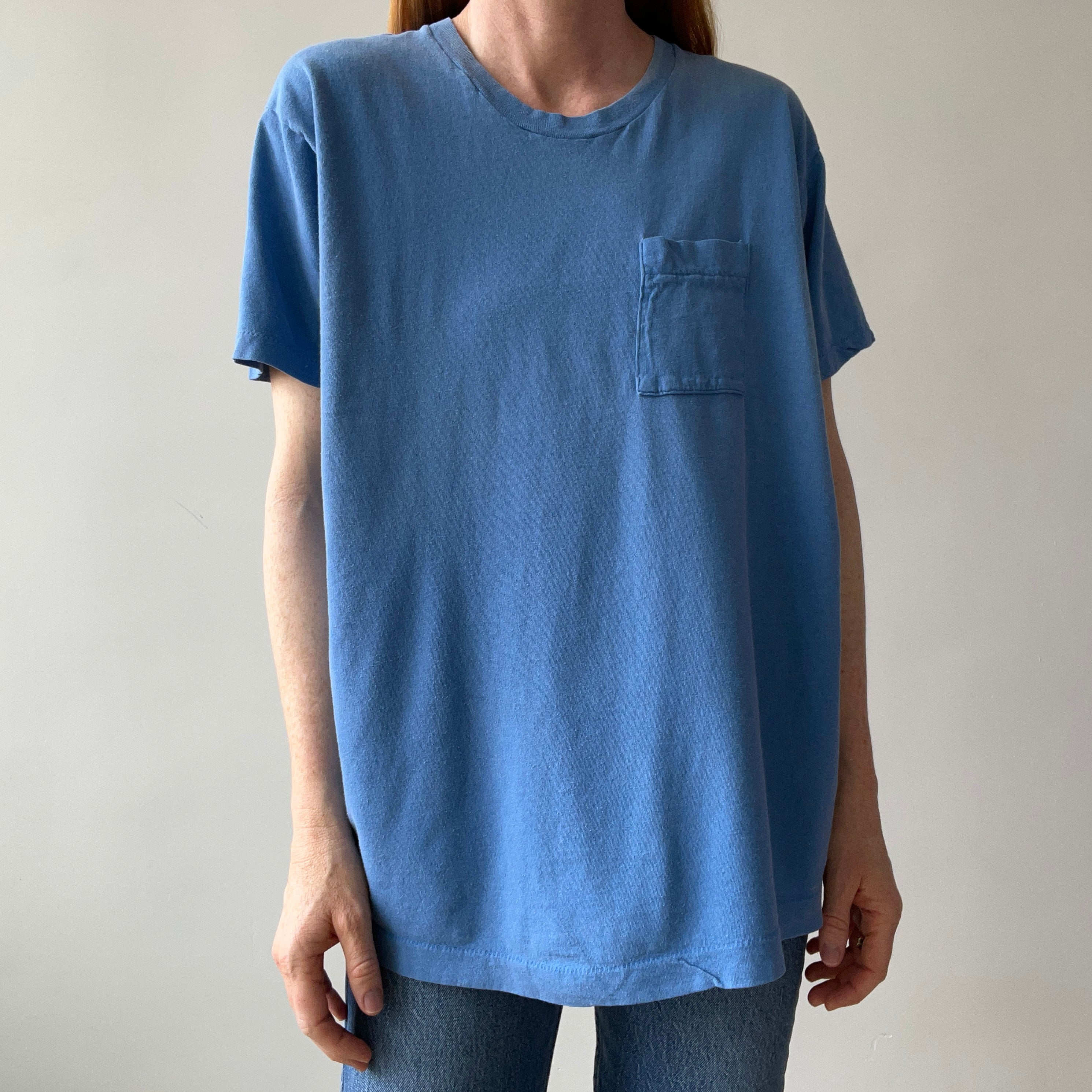 1980s Faded and Worn (SO COOL) Sky Blue Selvedge Pocket T-Shirt by FOTL