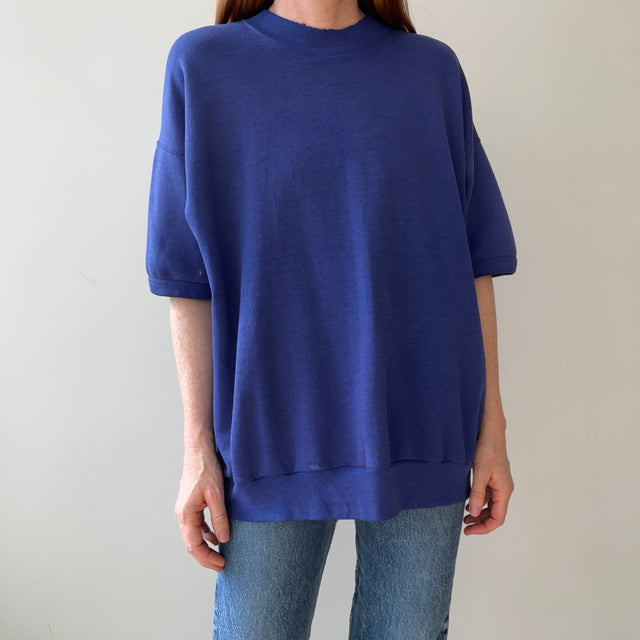 1980s Blank Faded Blue Short Sleeve Sweatshirt
