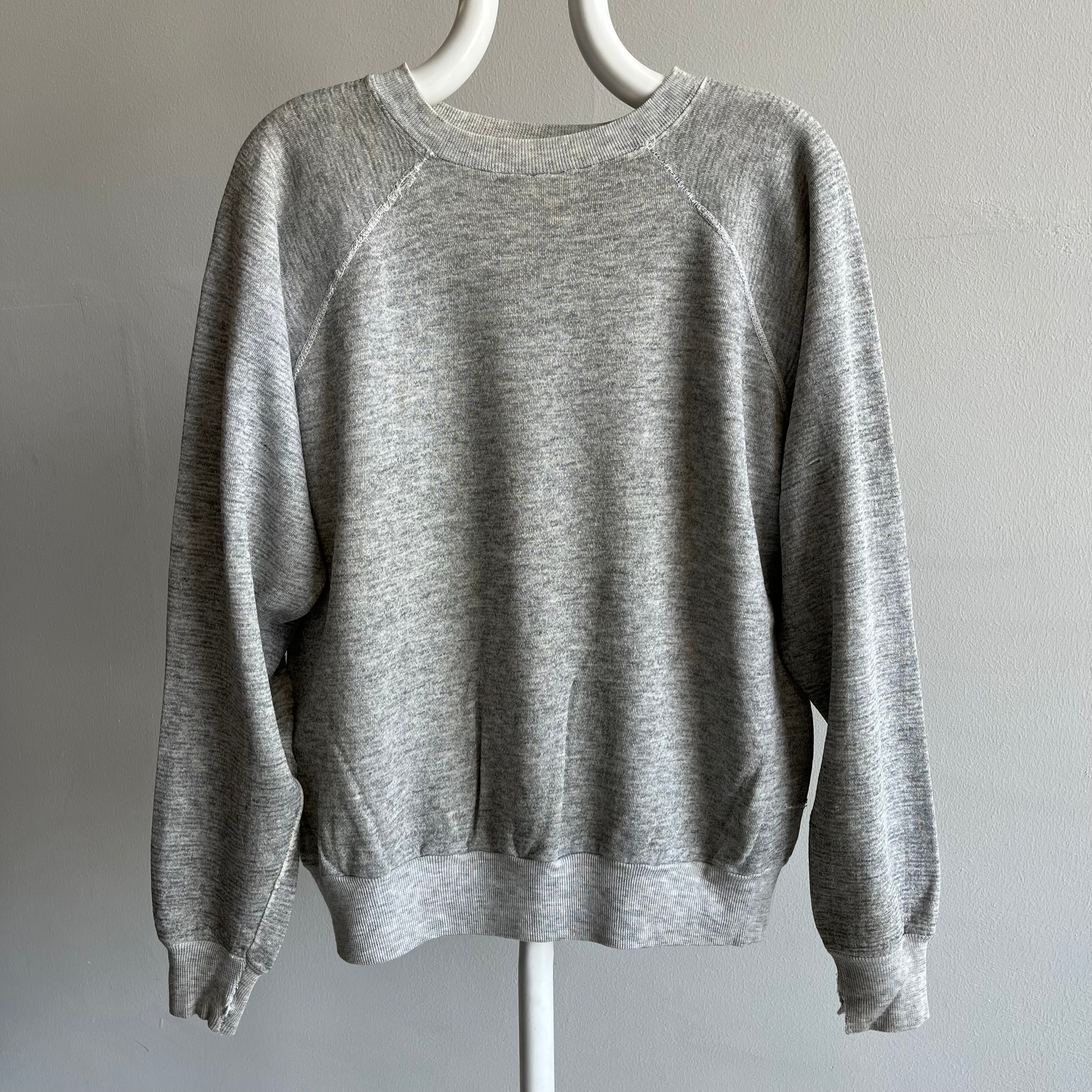 1980s Blank Thinned Out Gray Worn Raglan
