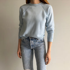 1980s Perfectly Stained and Worn Sky Blue Smaller Raglan Sweatshirt