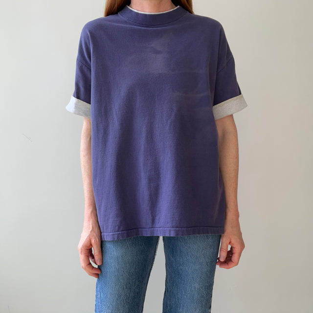 1980s Blank Faded Navy Blue Double Layered T Shirt