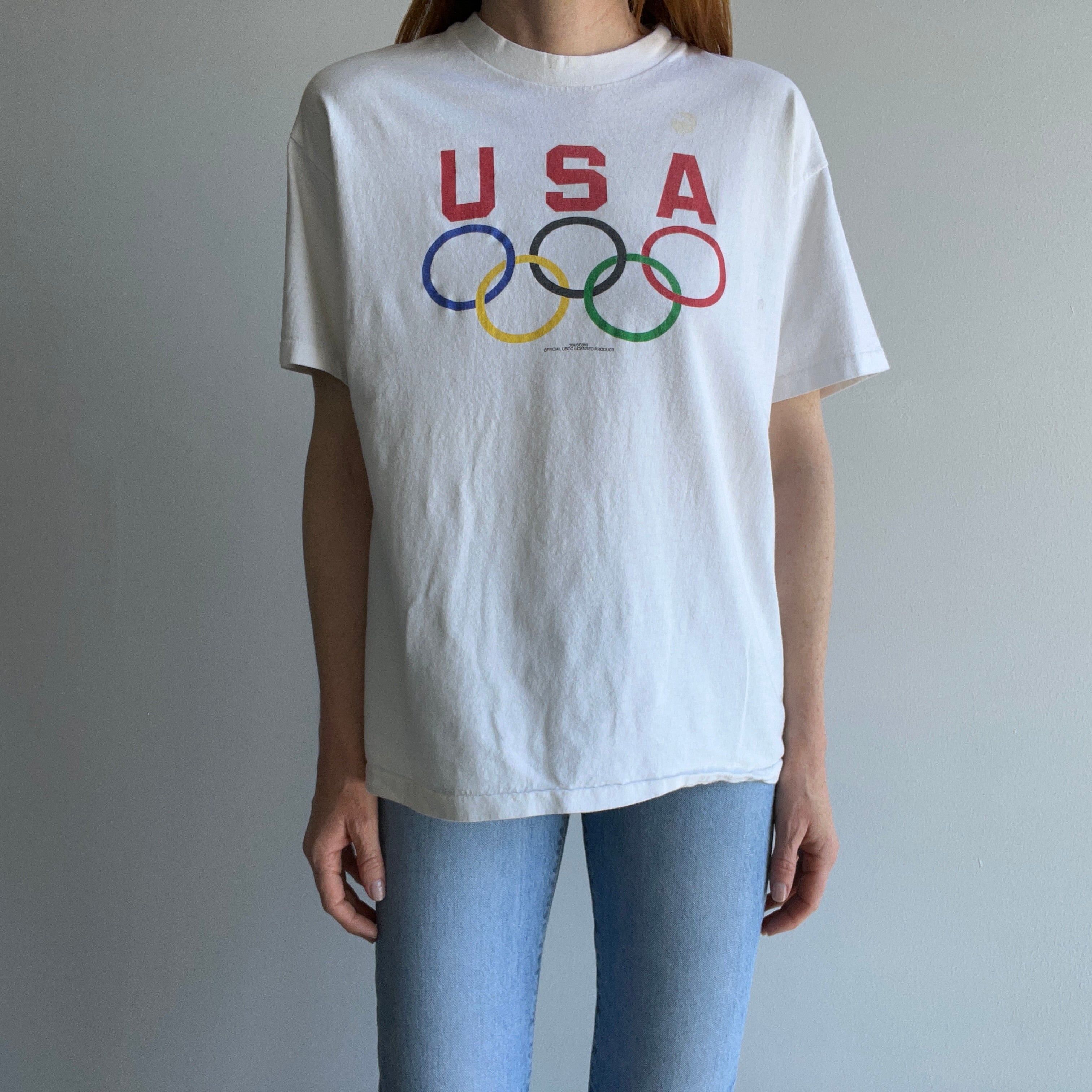 1990s USA Made White to Ecru From Age Olympic Cotton T-Shirt