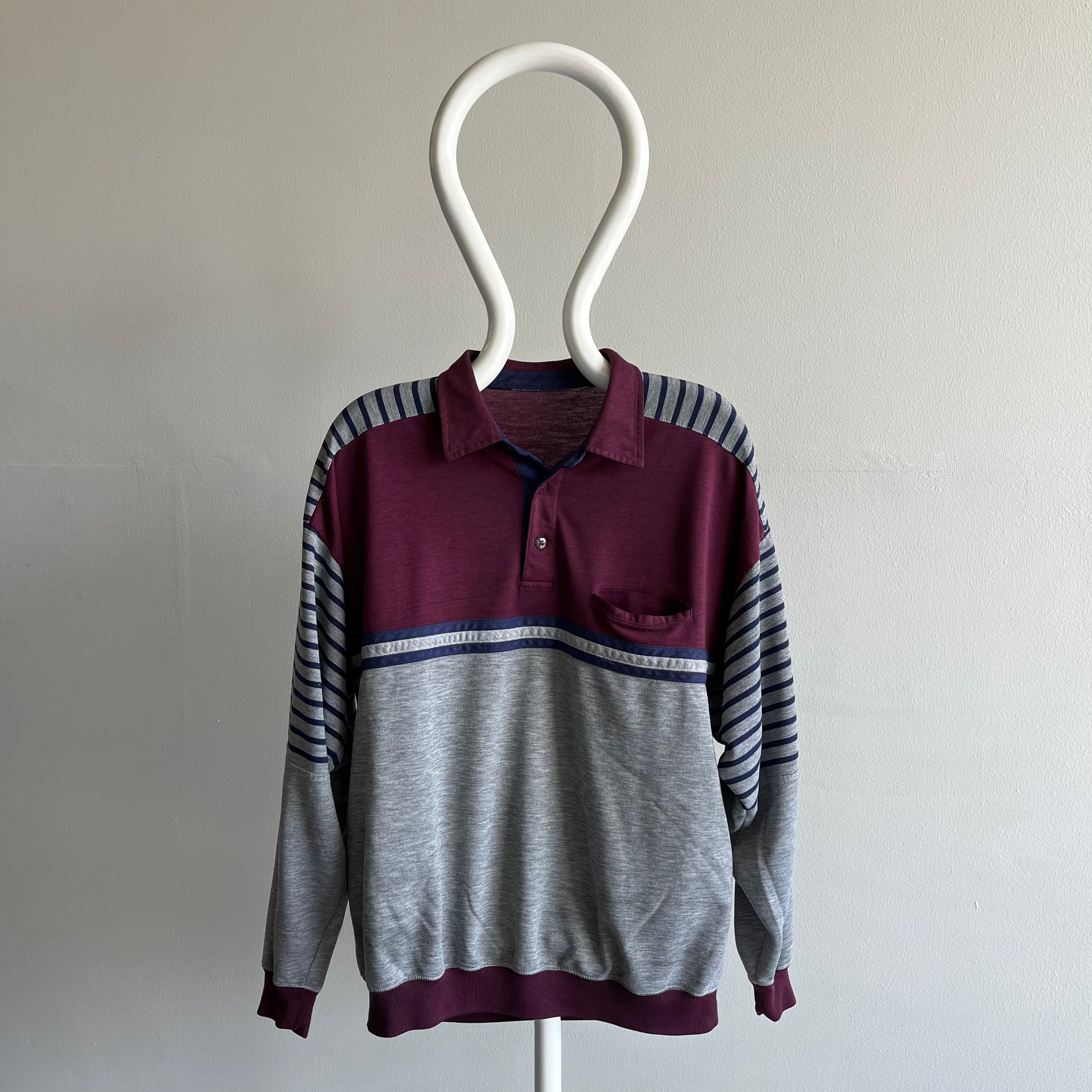 1980s Color Block Striped Lightweight Long Sleeve Shirt/Sweatshirt Polo