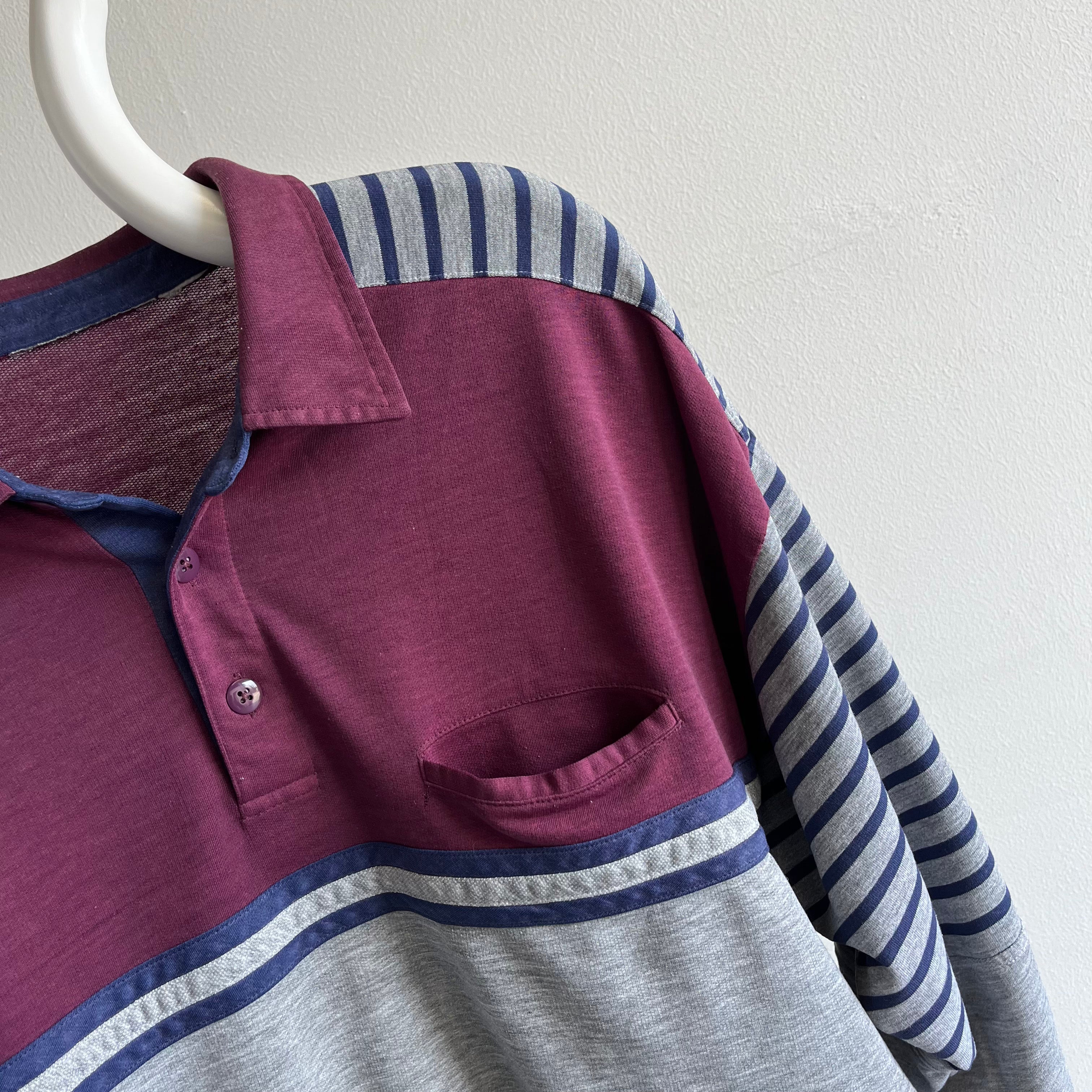 1980s Color Block Striped Lightweight Long Sleeve Shirt/Sweatshirt Polo