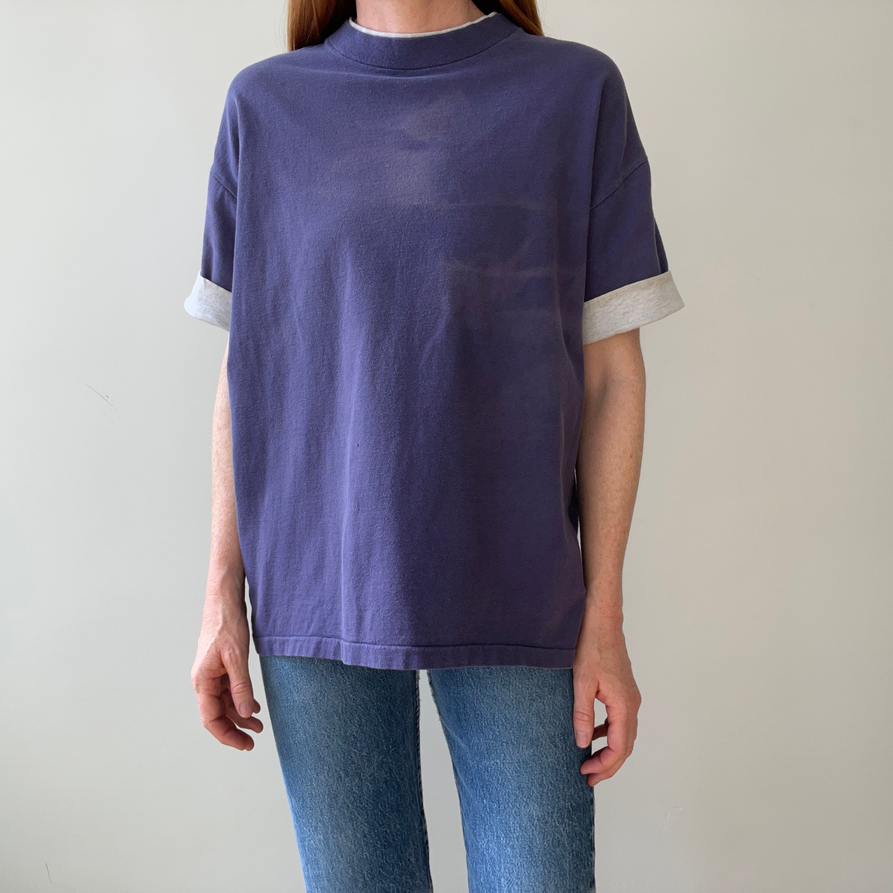 1980s Blank Faded Navy Blue Double Layered T Shirt