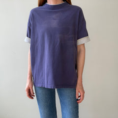1980s Blank Faded Navy Blue Double Layered T Shirt