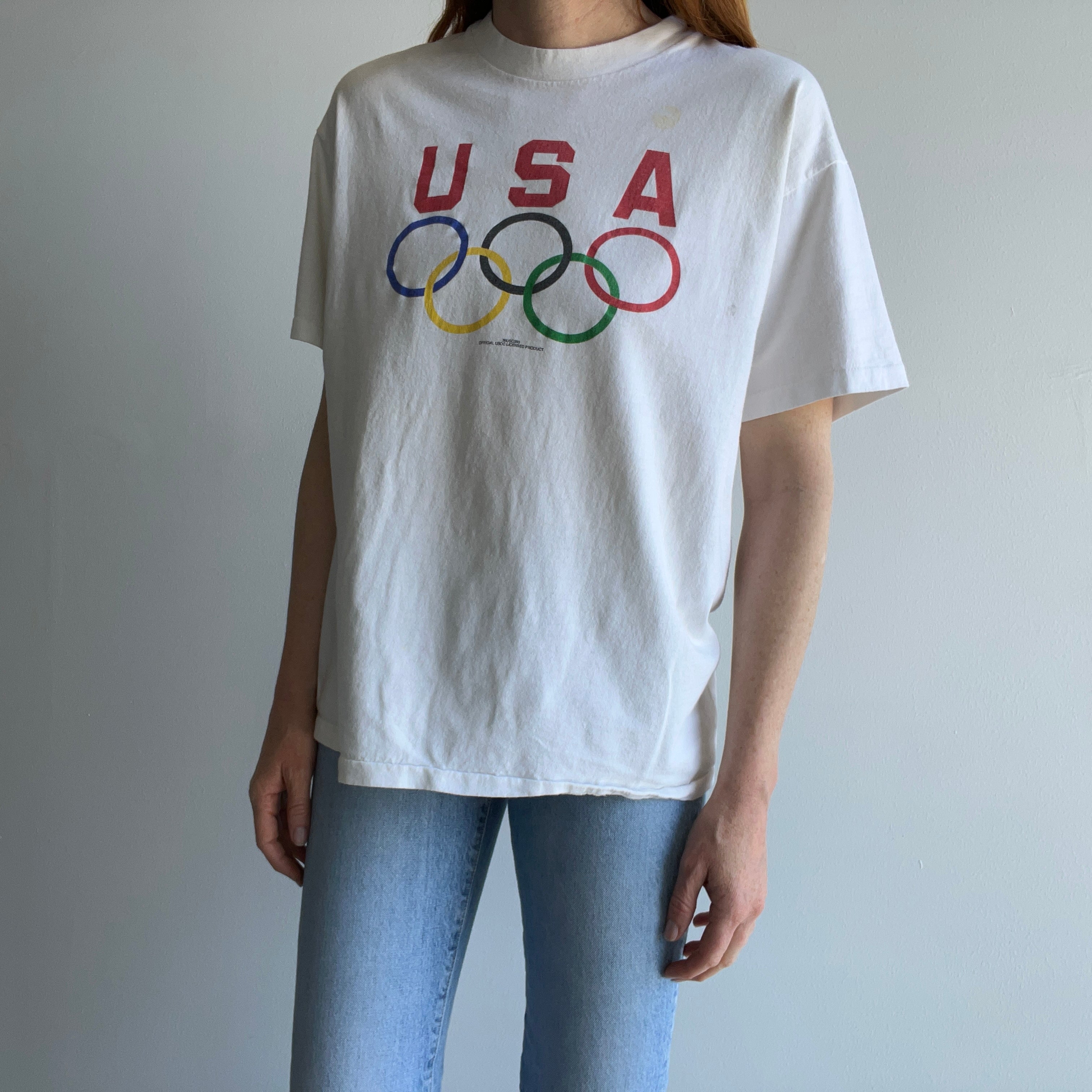 1990s USA Made White to Ecru From Age Olympic Cotton T-Shirt