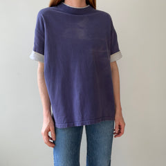 1980s Blank Faded Navy Blue Double Layered T Shirt