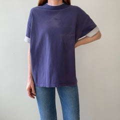 1980s Blank Faded Navy Blue Double Layered T Shirt