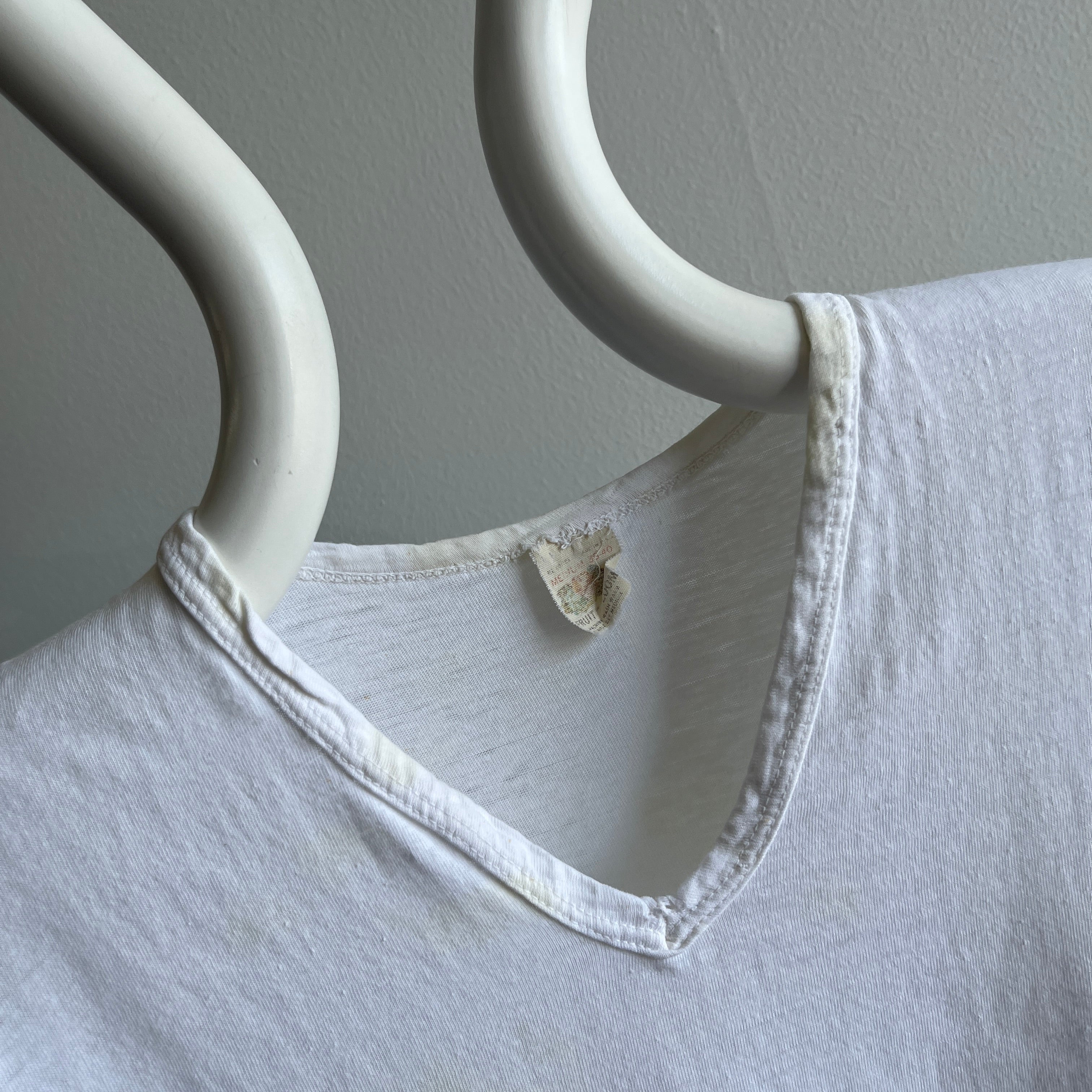 1970s Stained Blank White Cotton V-Neck T-Shirt by FOTL