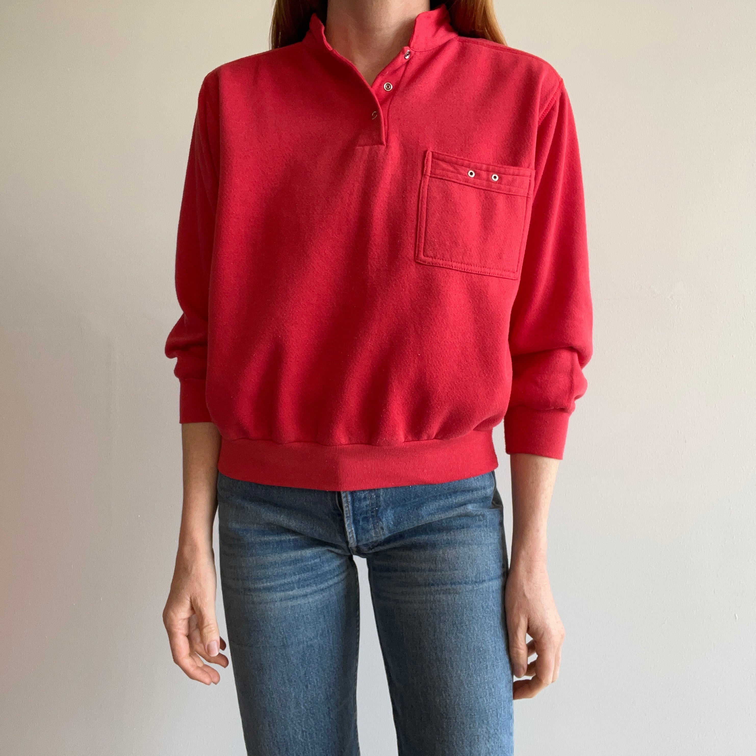 1980s Contemporary Classics Red Pocket Henley Sweatshirt