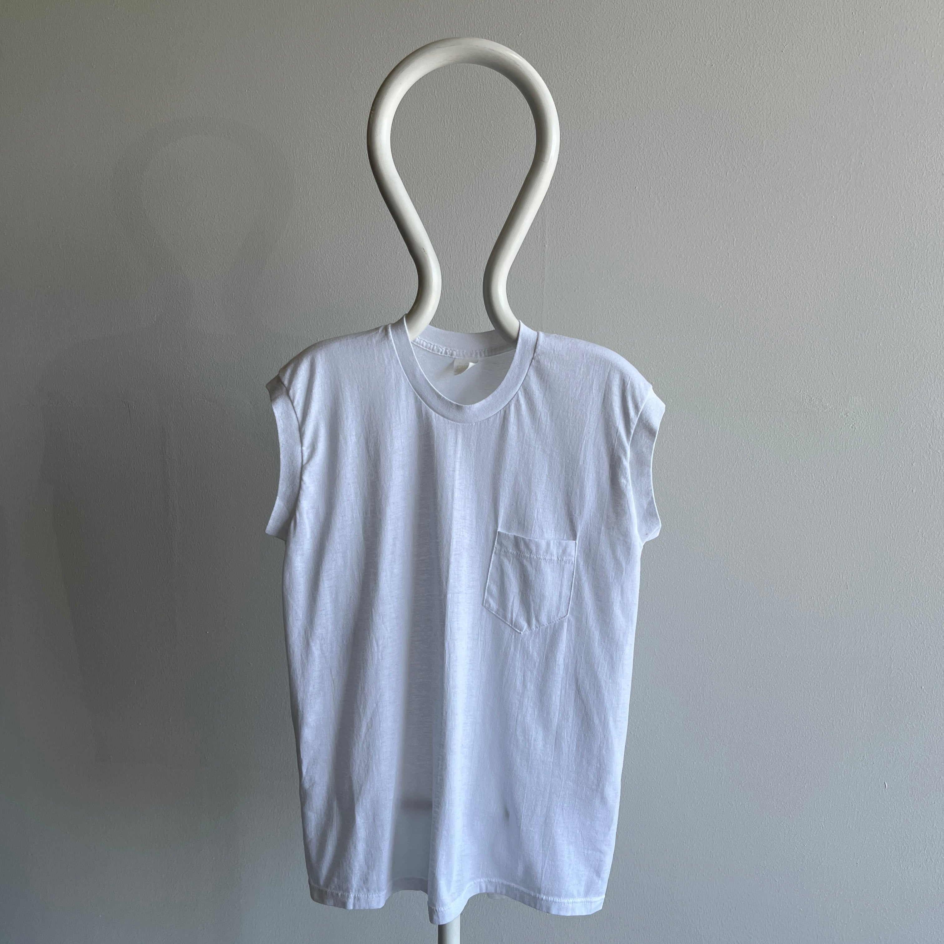 1980s Blank White Pocket Muscle T-Shirt