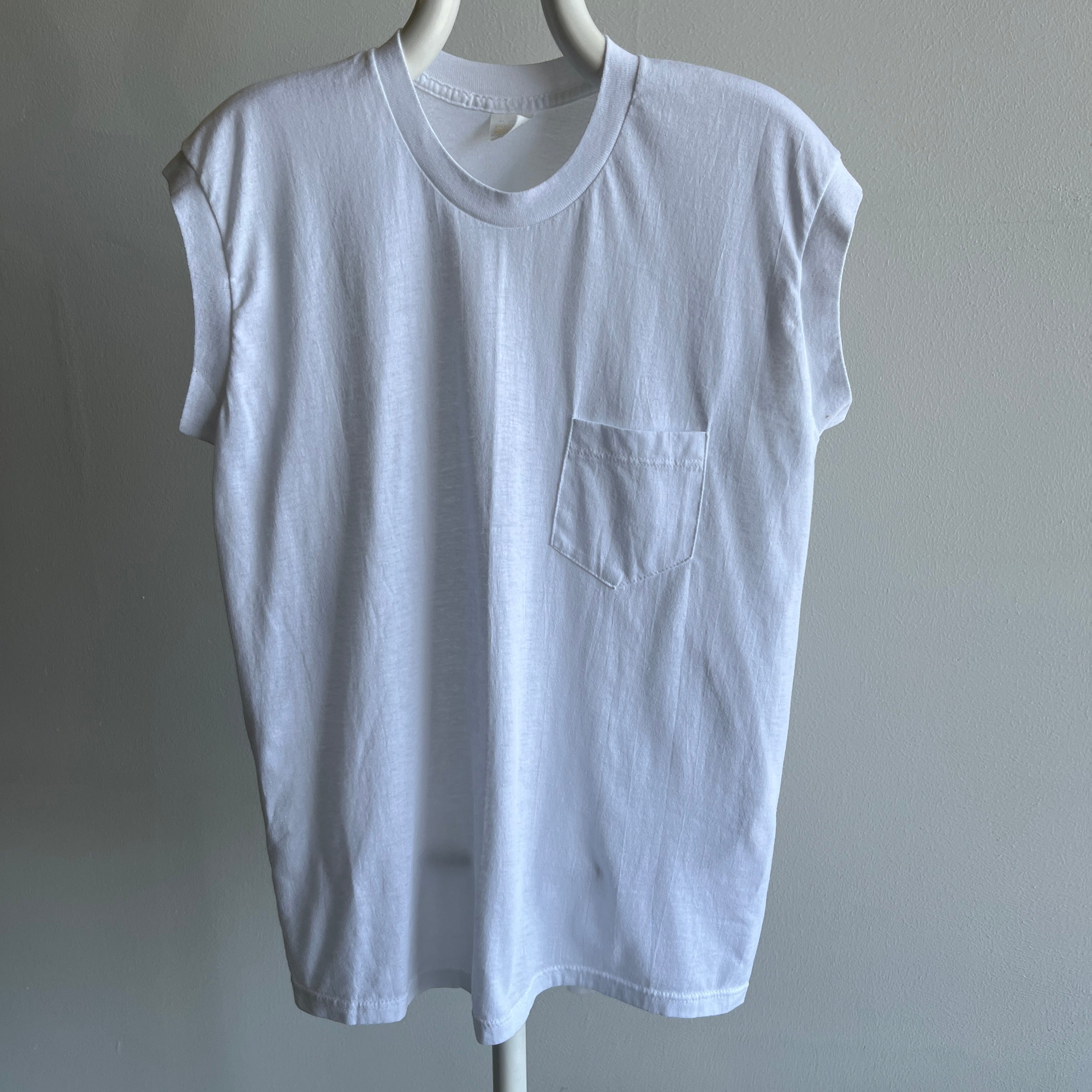 1980s Blank White Pocket Muscle T-Shirt