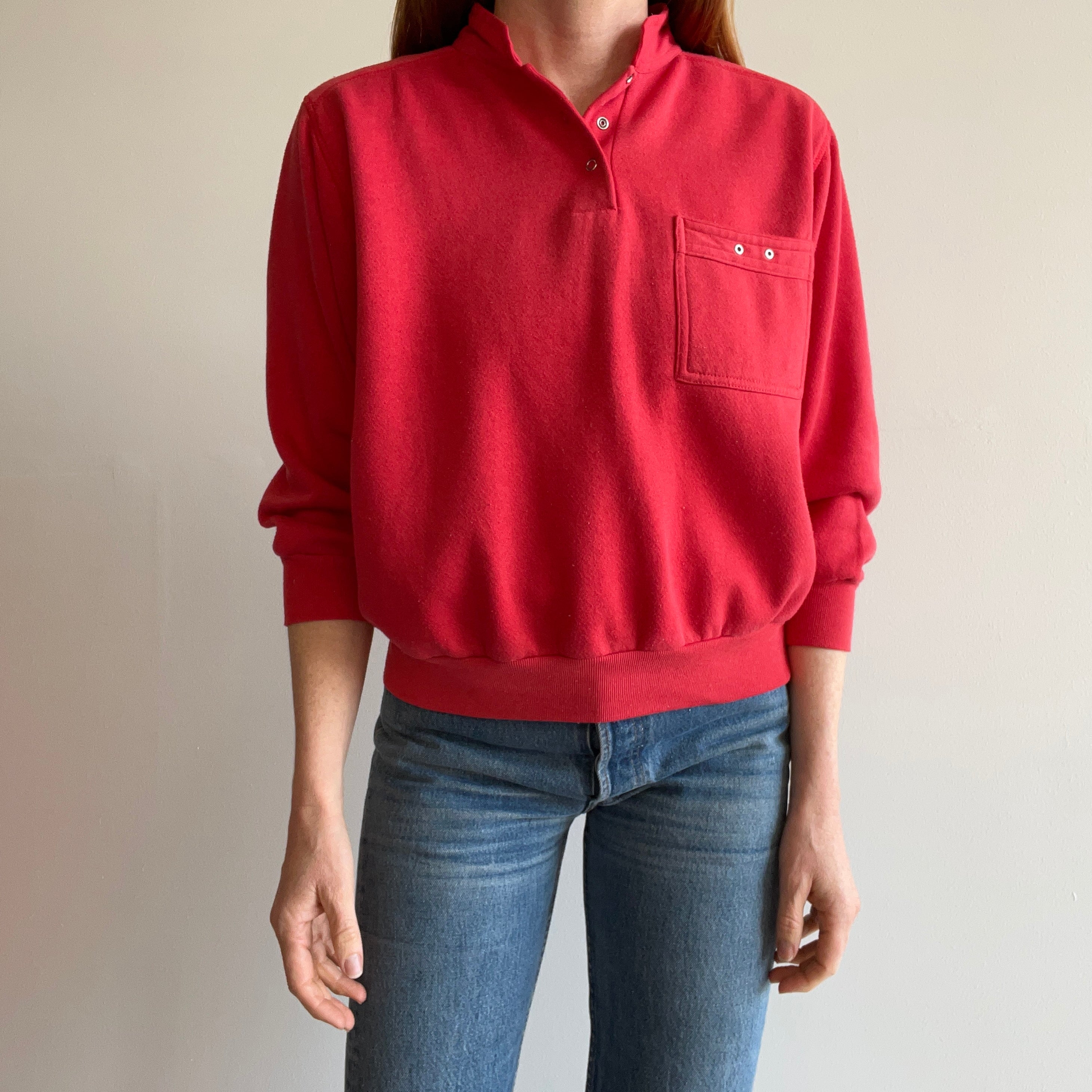 1980s Contemporary Classics Red Pocket Henley Sweatshirt