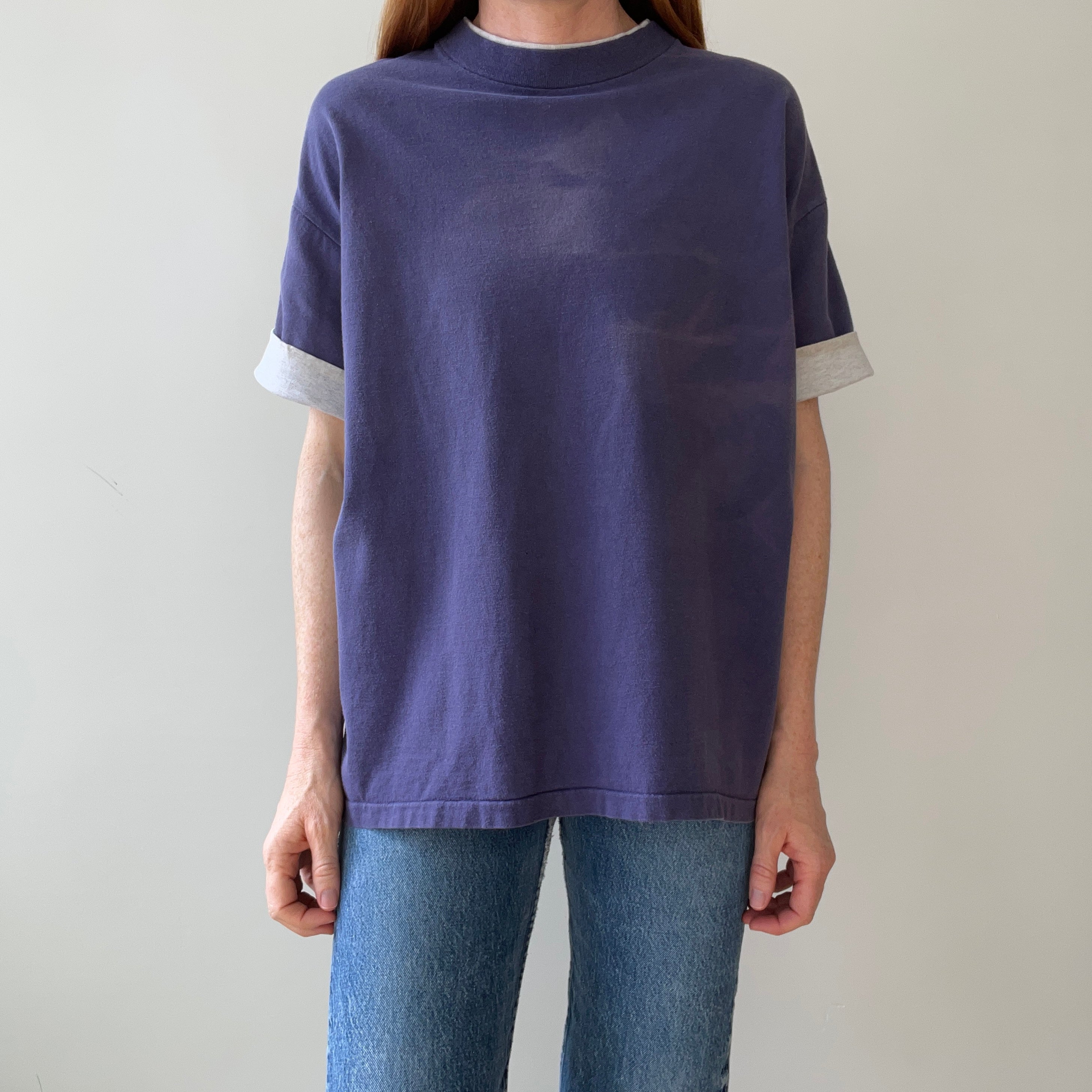 1980s Blank Faded Navy Blue Double Layered T Shirt