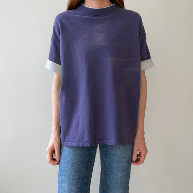 1980s Blank Faded Navy Blue Double Layered T Shirt