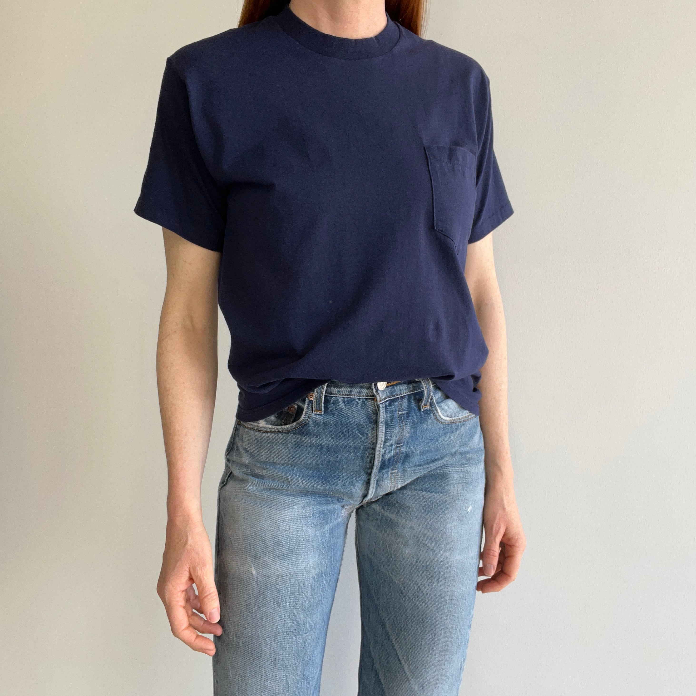 1980s Blank Navy Selvedge Pocket T-Shirt