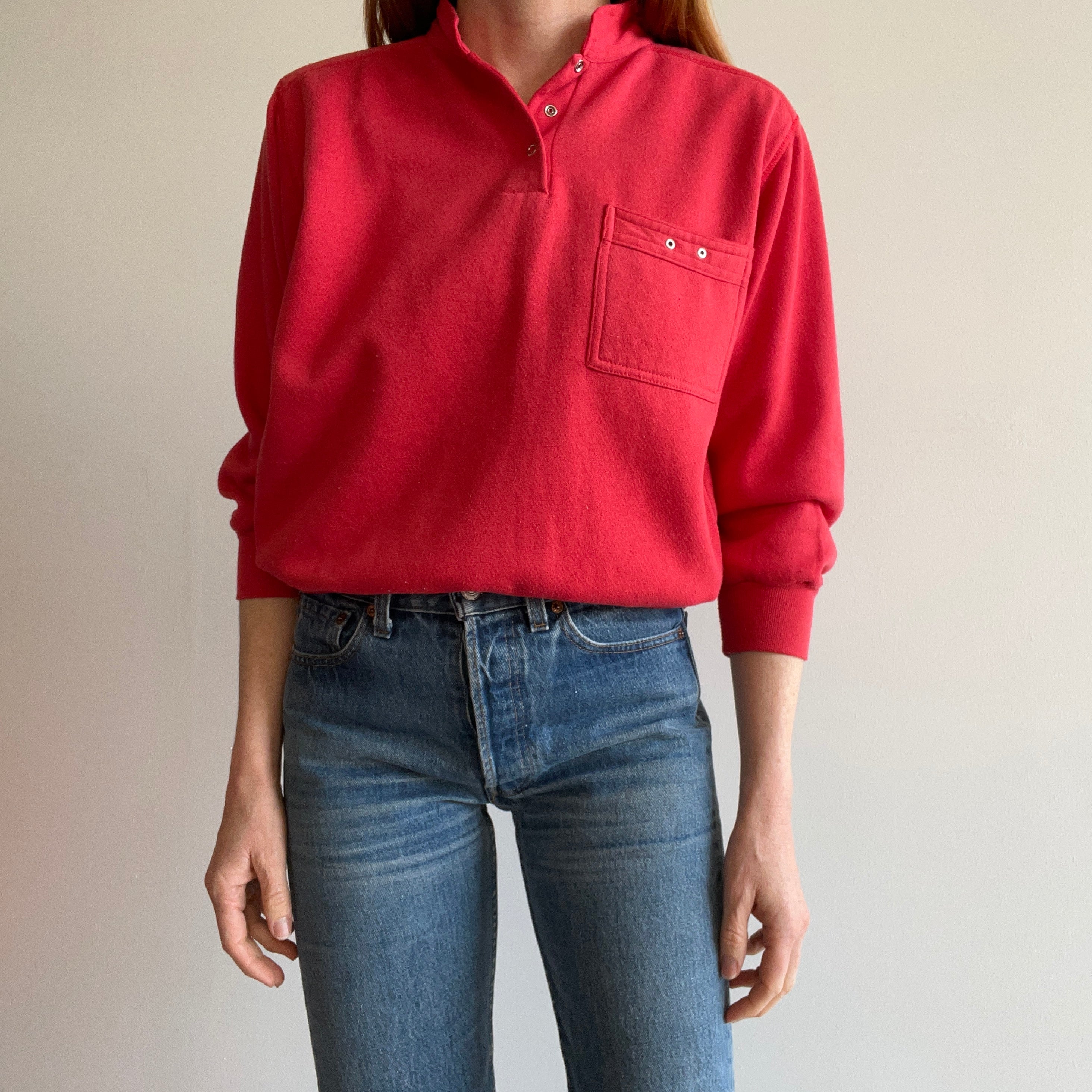 1980s Contemporary Classics Red Pocket Henley Sweatshirt