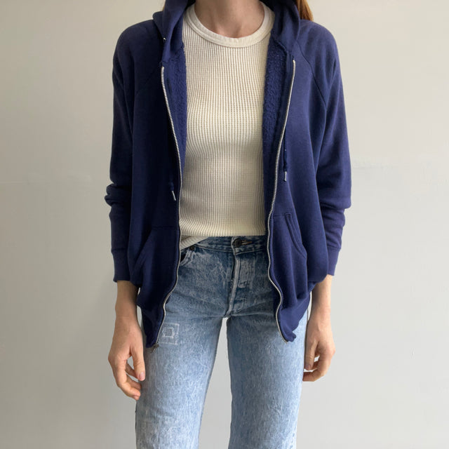 1970s Super Soft, Thin and Slouchy Faded Navy Hoodie