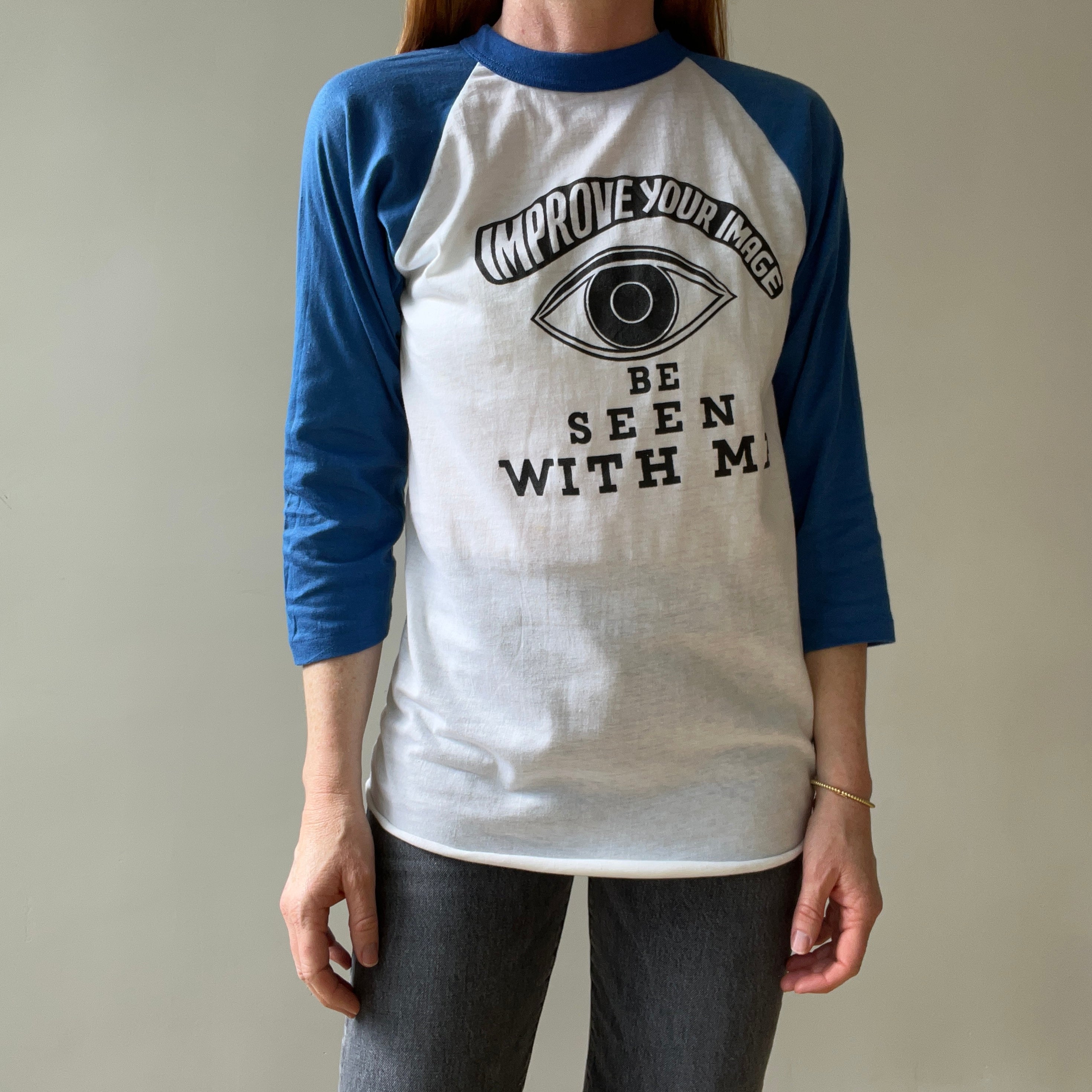 1980s Blue and White Improve Your Image Baseball T Shirt