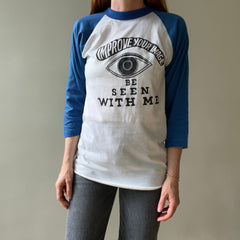 1980s Blue and White Improve Your Image Baseball T Shirt