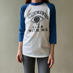 1980s Blue and White Improve Your Image Baseball T Shirt