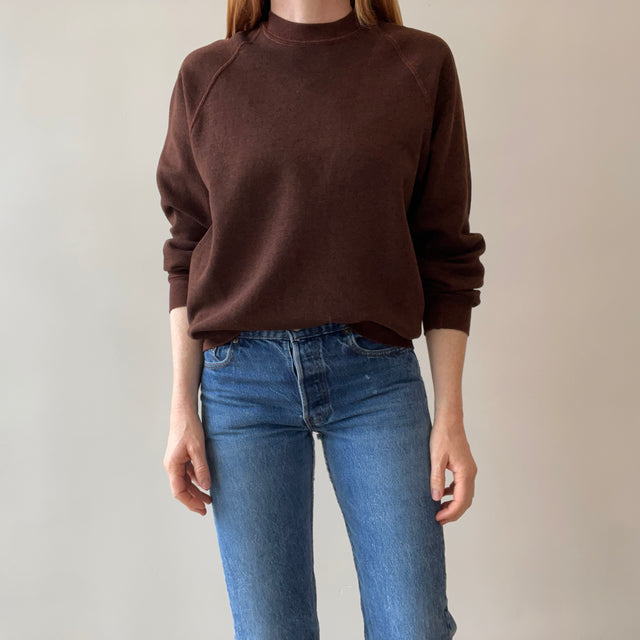 1980s ReDyed Heather Brown Sweatshirt with Orange Contrast Stitching - WOW