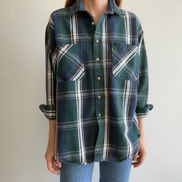 1980/90s St. John's Bay Cotton Blue and Green Plaid Flannel