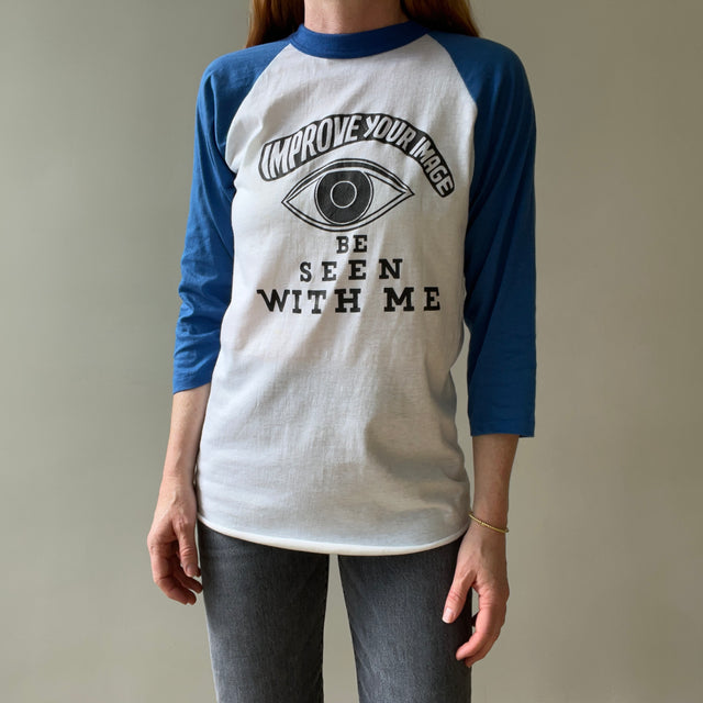 1980s Blue and White Improve Your Image Baseball T Shirt