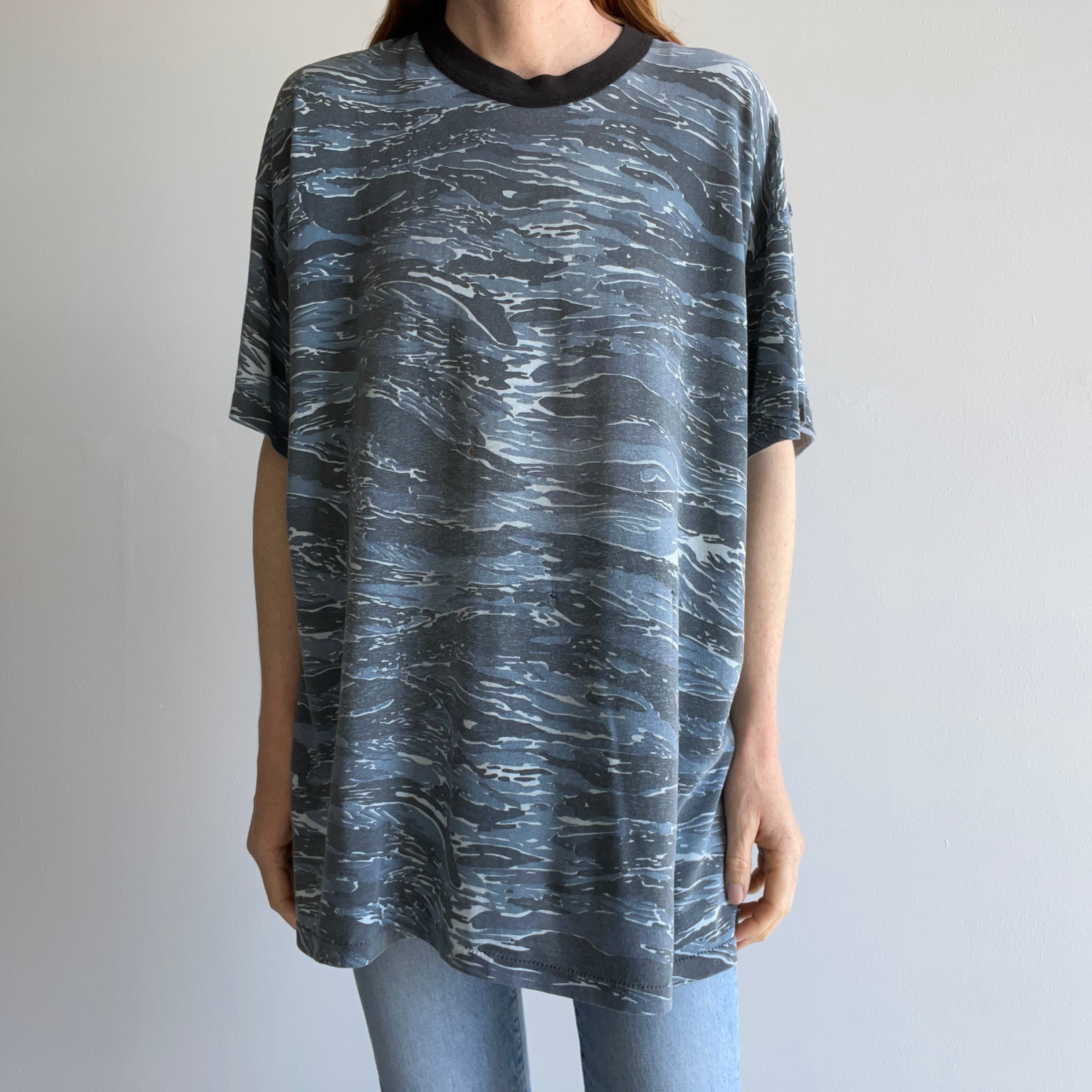 1980s Super Thin with Runs and Holes Blue Faded Camo Extra Long T-Shirt