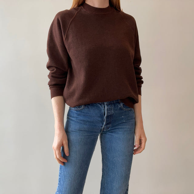 1980s ReDyed Heather Brown Sweatshirt with Orange Contrast Stitching - WOW