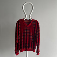 1980s Velour Striped V-Neck Sweatshirt/Sweater