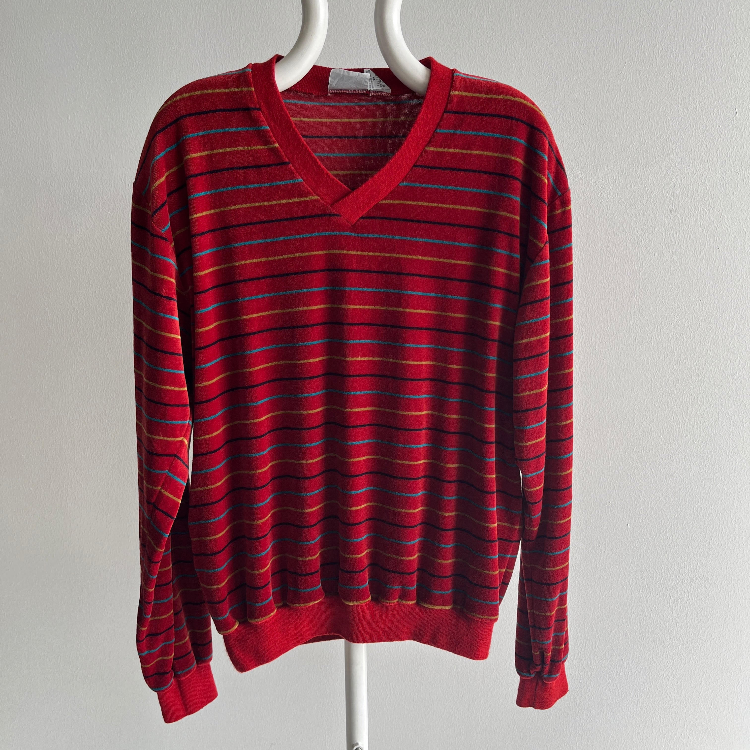 1980s Velour Striped V-Neck Sweatshirt/Sweater