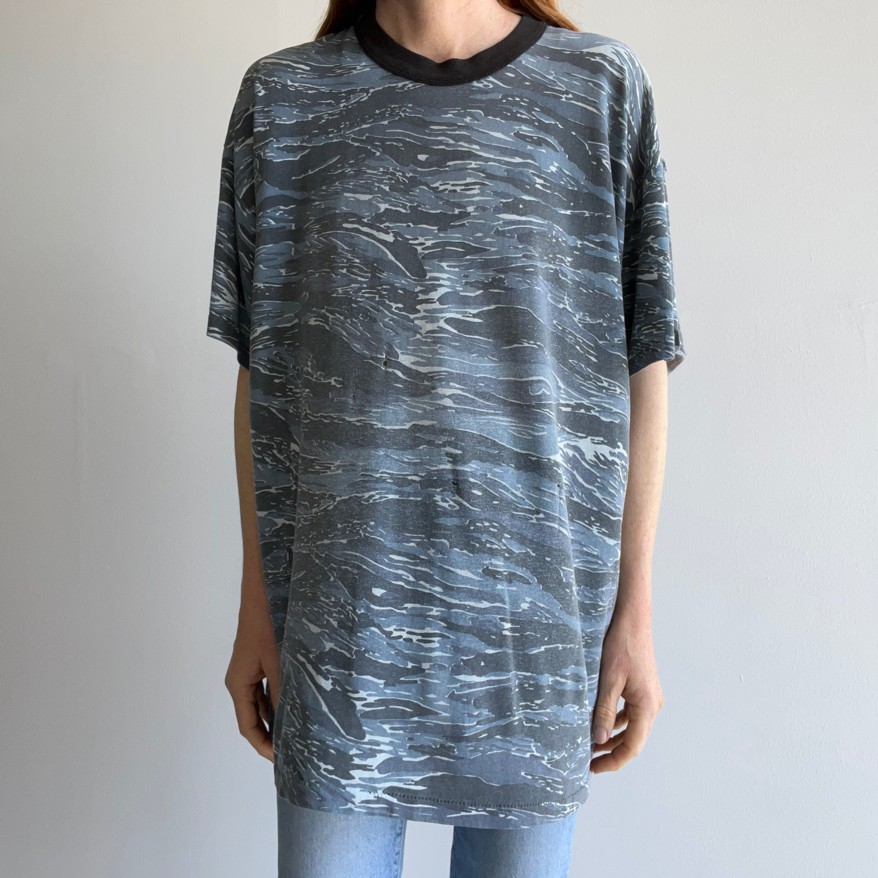 1980s Super Thin with Runs and Holes Blue Faded Camo Extra Long T-Shirt