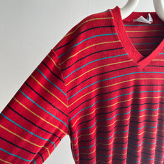 1980s Velour Striped V-Neck Sweatshirt/Sweater