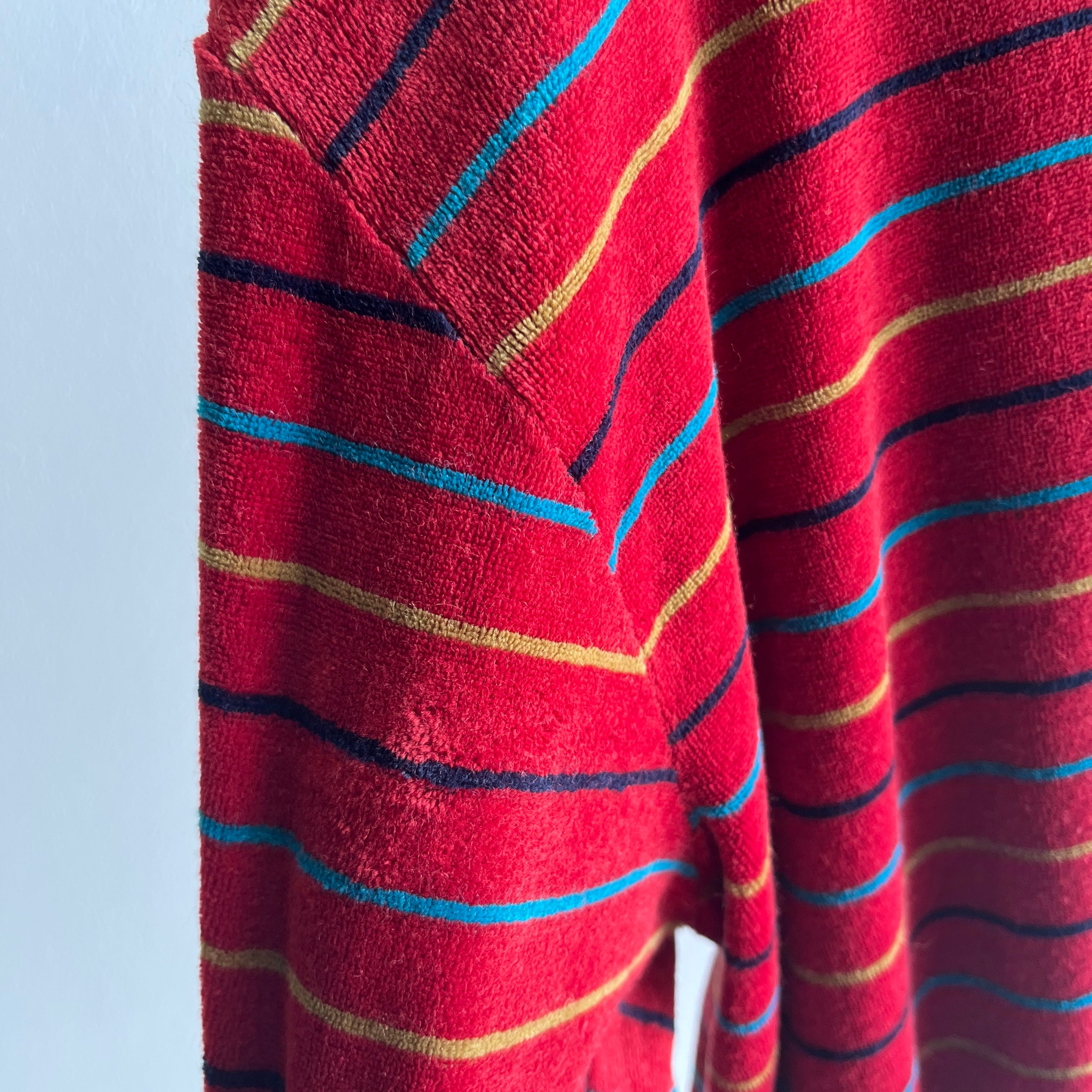 1980s Velour Striped V-Neck Sweatshirt/Sweater