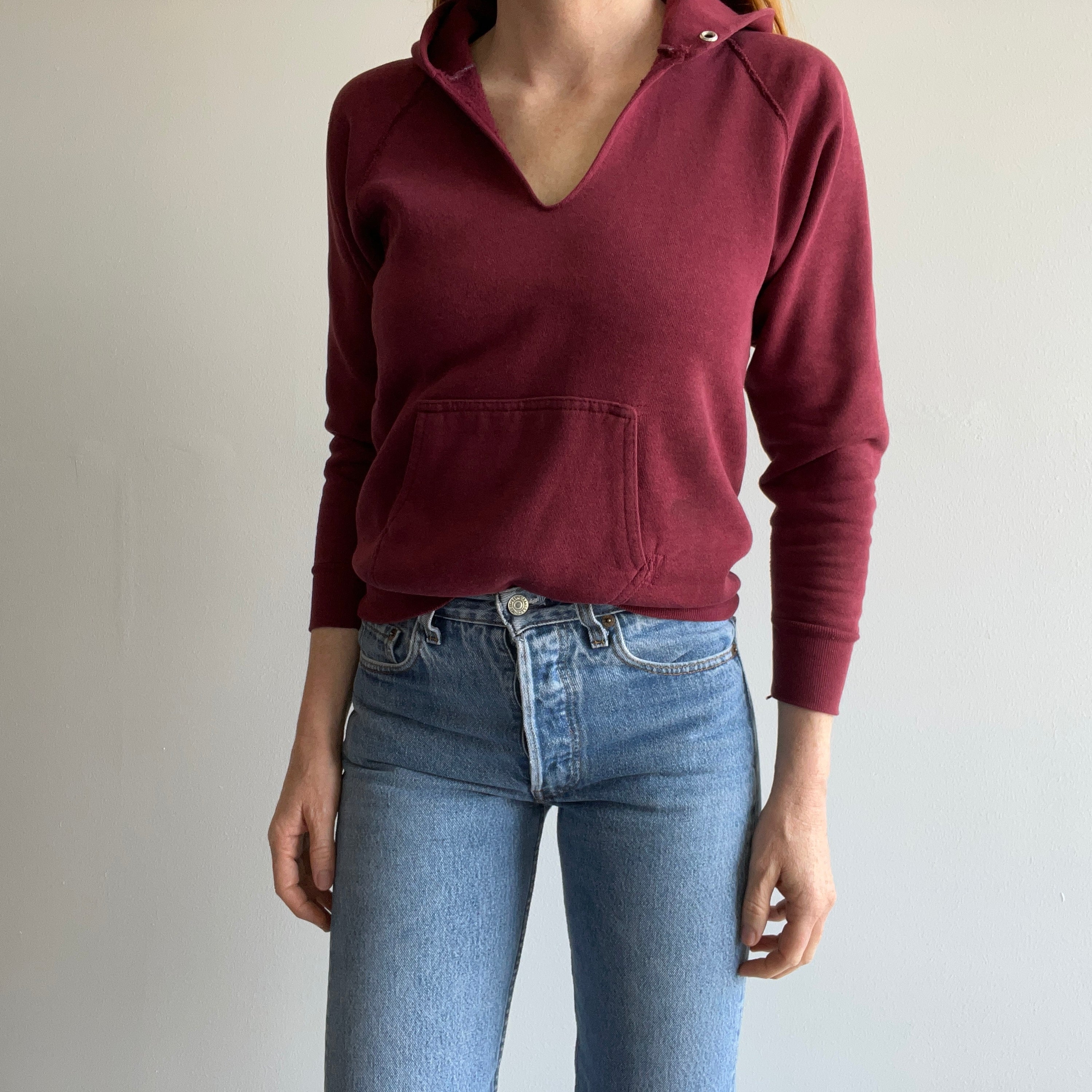 1980s Burgundy Mended Beyond In The Coolest Way DIY V-Neck Hoodie by Tultex