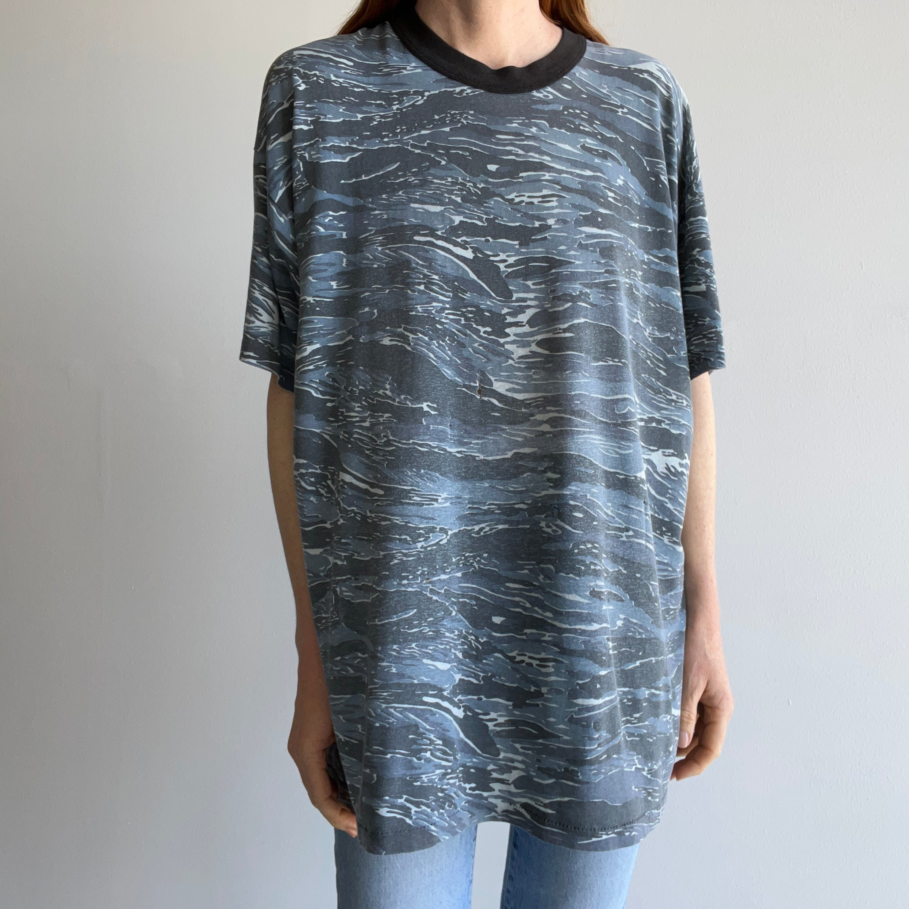 1980s Super Thin with Runs and Holes Blue Faded Camo Extra Long T-Shirt