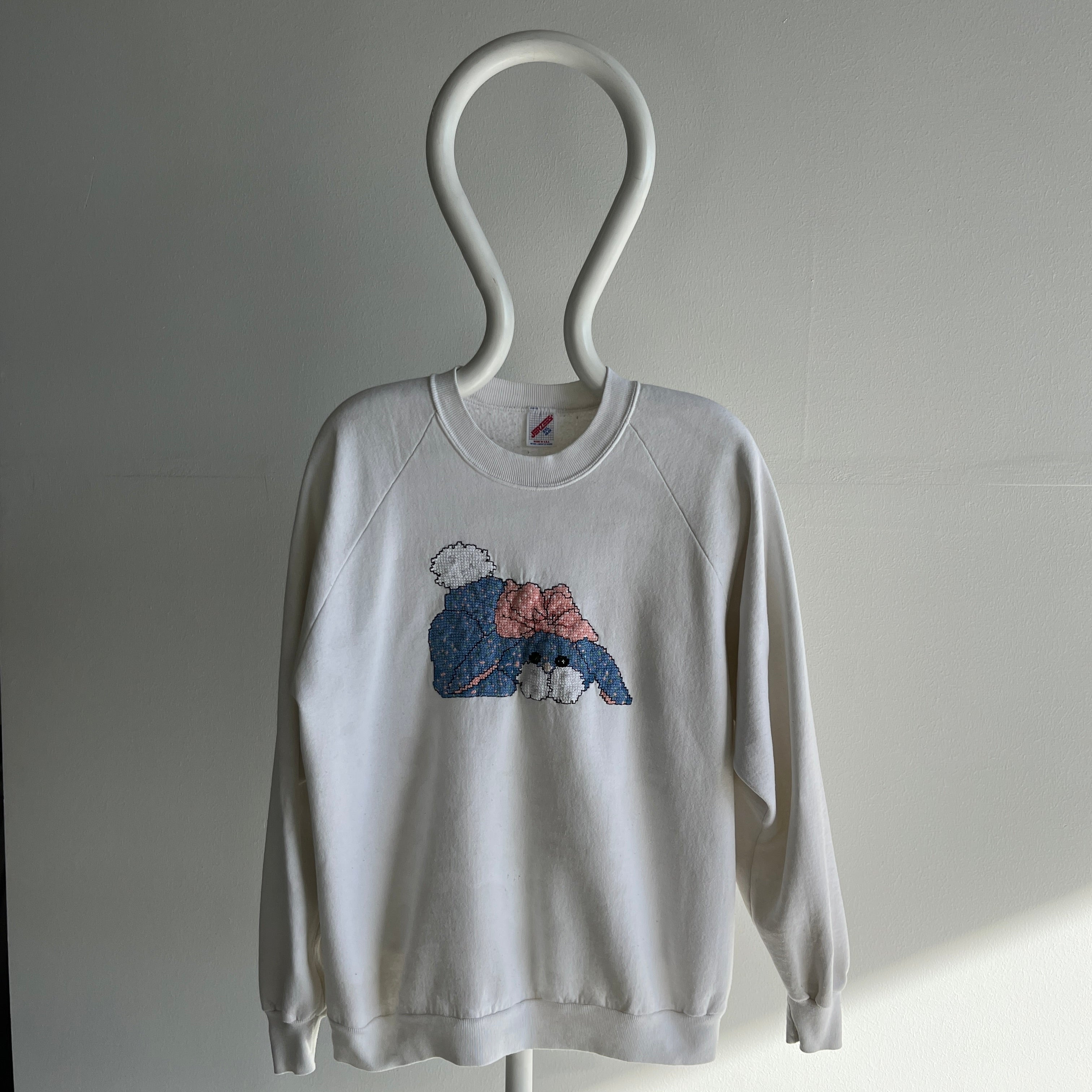 1980s Needlepoint Bunny Sweatshirt with Stains